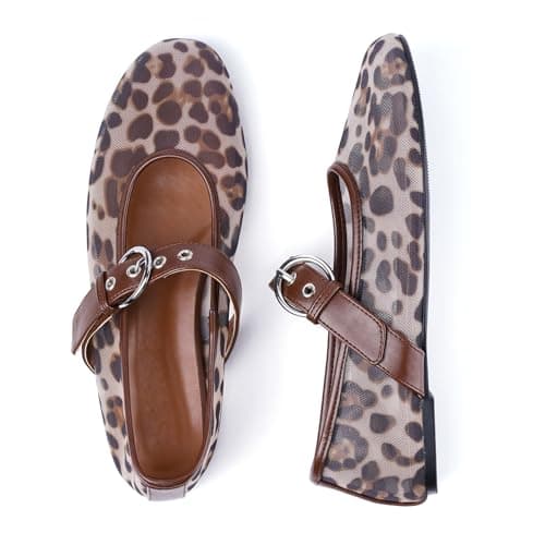 Migpuel Mesh Flats for Women Round Toe Mary Jane Ballet Flats Buckle Strap Slip On Casual Breathable Ballerina Shoes Leopard,10.5 - Image 1