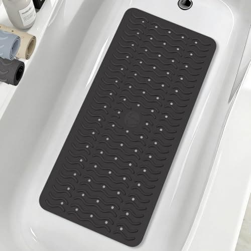 Non Slip Bathtub Mat & Shower Mat, 31x15'' Anti Slip Bath Mat for Tub, Soft TPE Anti-Skid Bathroom Mat with 194 Suction Cups & Drain Holes, Wave-Textured Grip, Machine Washable, Black - Image 1