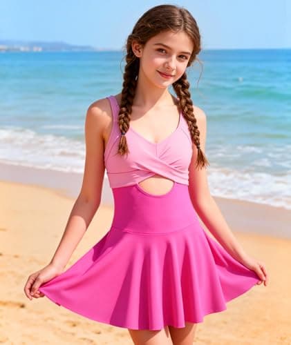 MFAVIP Girls One Piece Swimsuits, Girls Bathing Suits Pink Ruffle Swimsuit with Removable Pads and Adjustable Straps Size 9-16 - Thumbnail 3