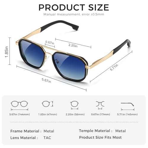 SUNGAIT Polygon Aviator Sunglasses Men Old School Style Adjustable Anti-slip Temples Polarized Lens for Driving Fishing (Matte Black & Gold Frame/Blue Gradient Lens) - Thumbnail 5