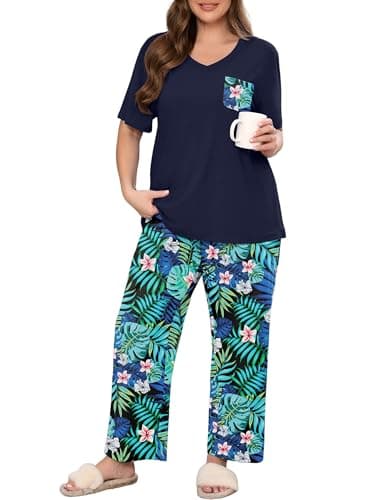 AusLook Plus Women Pajamas Set 2 Piece Lounge Sets Short Sleeve Top and Full Length Pant Chest Pocket Matching Maternity Christmas Print Black Jungle Blooms 2X Pjs Loungewear Sleepwear