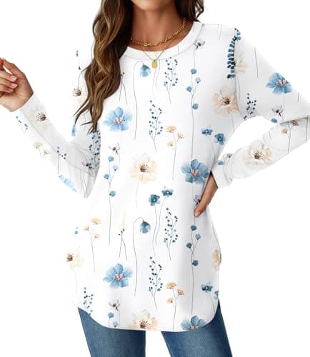 NORACORA Long Sleeve Shirts for Women Crewneck Basic Loose Tunic Tops Floral Beach Vacation Spring Summer Fall Outfits Clothes 2025 White Blue Floral S - Image 1