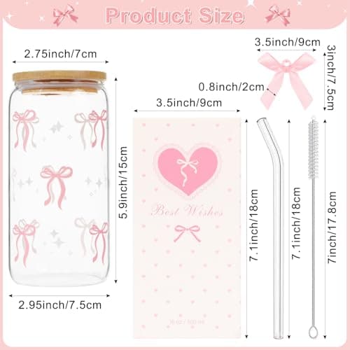 LANGASQUE Coquette Pink Bow Glass Cup with Lids and Straws, 16 oz Cute Glass Cup, Aesthetic Iced Coffee Tumbler with Gift Box Cleaning Brush for Teen Girls Gifts Trendy Stuff Women Girlfriends Gifts - Thumbnail 2
