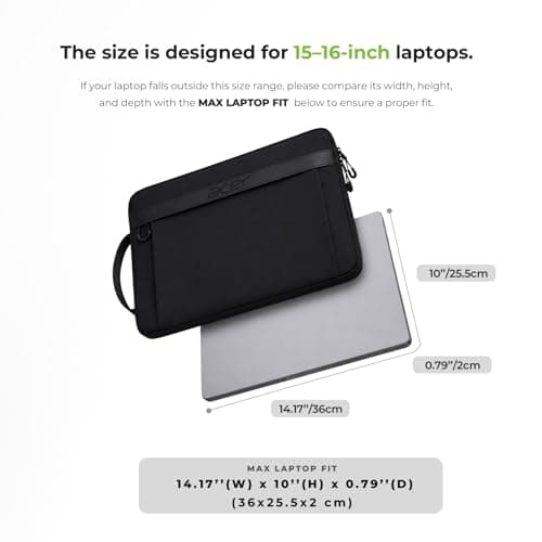 Acer Laptop Sleeve Case for 15.6-16 inch Laptops, Slim Protective Computer Sleeve with Hidden Zipper Pocket, Soft Plush Bubble Padding, Side Handle and Luggage Strap, Travel Laptop Bag, Black - Thumbnail 5