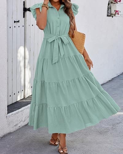 dowerme Women's Summer Casual Dresses 2026 Cap Ruffle Sleeve V Neck Button Belted Tiered Boho Maxi Dress with Pockets(Mint Green,Medium) - Thumbnail 4