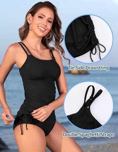 ANFILIA Womens Two Piece Tankini Swimsuits Tummy Control Bathing Suit Top with Bottom Tie-Side Drawstrings Swimsuit Black - Thumbnail 2