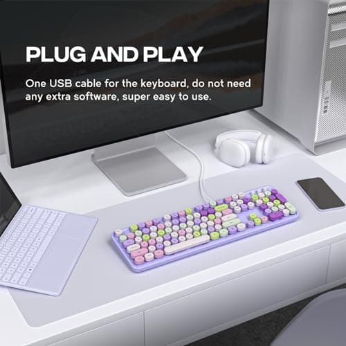 Atelus Computer Wired Keyboard, Plug Play USB Full-Size Keyboard with Large Number Pad, Caps Indicators, Foldable Stands, for Windows 7/8/10 PC Laptop (Purple Colorful) - Thumbnail 5
