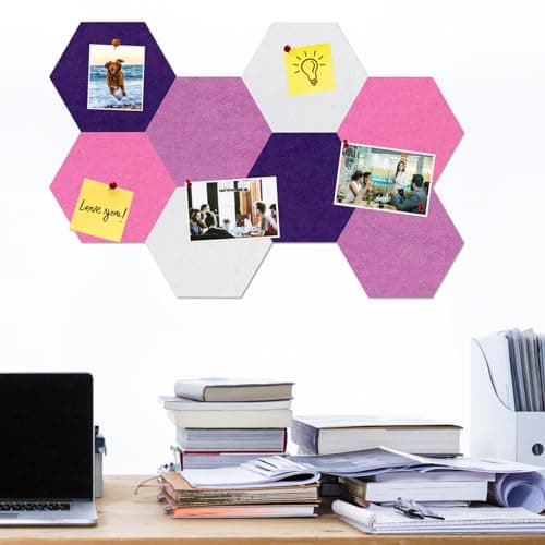 HULAVO Large Hexagon Felt Cork Board Tiles, Self Adhesive DIY Felt Bulletin Board Pin Board with 35 Pushpins for Office School Home Wall Decor(Purple+Light Purple+Pink) - Thumbnail 2