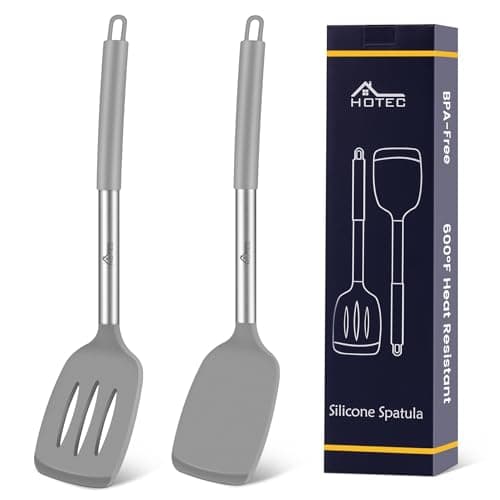 HOTEC Silicone Spatula Set of 2 Heat-Resistant 600°F & BPA-Free Kitchen SaptulaTurner with Stainless Steel Handles, Slotted & Solid Spatulas for Nonstick Cookware, 13.7 Inch, Grey - Image 1