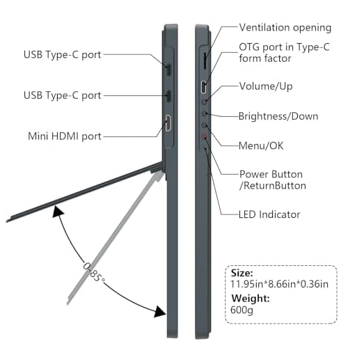 Thrygo Portable Monitor 13.5'' 3000×2000 IPS 3:2 Screen, 100% sRGB HDR USB-C HDMI Second Monitor for Laptop, Ultra-Slim Portable Display with Adjustable Damping Stand, Plug & Play for PC Mac Phone - Thumbnail 5