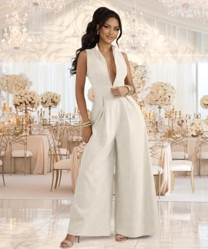 knowfashionstyle Jumpsuits For Women Dressy Sleeveless Zip Up Wide Leg Jumpsuit Date Night Rompers Formal Party Outfits Apricot 2XL - Thumbnail 2