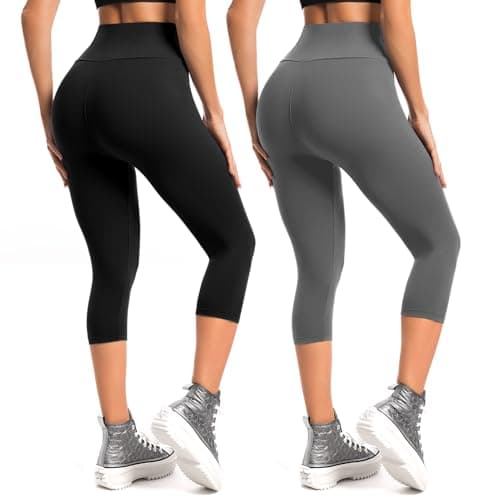 Leafigure 2-Pack Capri Leggings for Women, High Waisted Soft Yoga Pants for Gym Workout Black/Grey S-M - Image 1