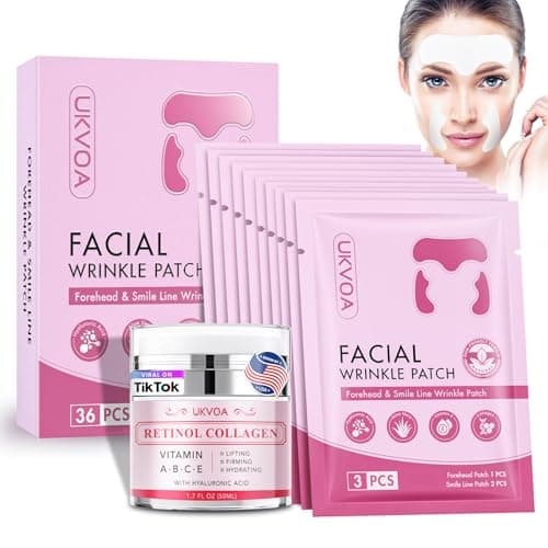 UKVOA Forehead Wrinkle Patches & Smile Line Patches, Overnight Facial Wrinkle Treatment with Hyaluronic Acid, Aloe, Collagen & Vitamin E to Lift Smile Lines for Women 36pcs with Face Retinol Cream - Image 1