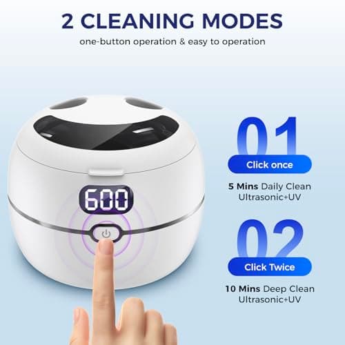 Ultrasonic Retainer Cleaner Machine for Dentures, Mouth Guards, Braces, Toothbrush Heads, Jewelry, 220ML Capacity Ultrasonic Cleaner with Digital Timer&UV, 2 Modes for All Dental Appliances，White - Thumbnail 6