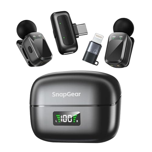 Snapgear Mic Mini Wireless Microphone for iPhone/Android, 2TX+2RX, 3 Al Voice Modes, 30H Battery for Vlogging & Streaming, 48kHz/24bit, Includes USB-C & Lightning Receivers for TikTok, YouTube