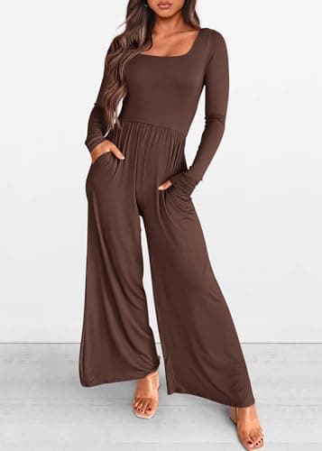 KIRUNDO Long Sleeve Jumpsuit for Women 2026 Spring Outfits Summer One Piece Square Neck Wide Leg Pants Romper With Pockets(Coffee, Large) - Thumbnail 3