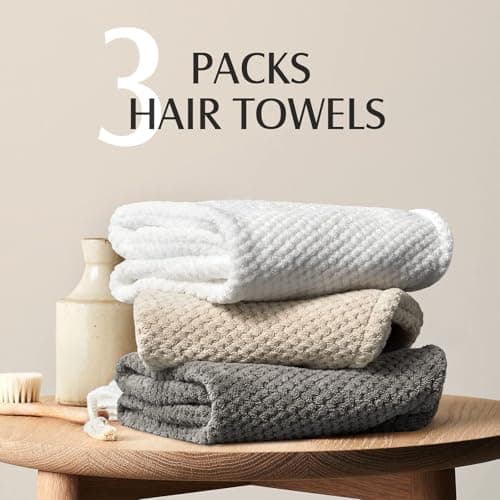 YFONG 3 Pack Large Microfiber Hair Towel Wrap, 30" x 10" Anti Frizz Quick Dry Hair Towels for Women Long, Curly, Thick Hair, Super Absorbent Hair Turban for Wet Hair (Grey, White, Camel) - Thumbnail 6