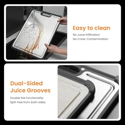 Premium 316 Stainless Steel Cutting Board for Kitchen– Double Sided,& BPA-Free Chopping Board with Food-Grade Steel &Eco-Friendly Wheat Straw PP,for Meat&Vegetables Healthy cutting boards non toxic - Thumbnail 6