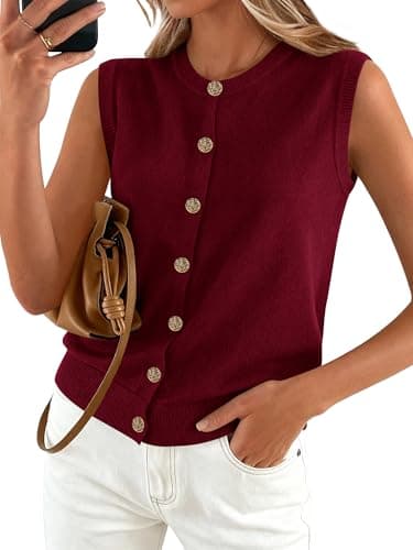 BTFBM Sweater Vest Women Casual Crewneck Loose Button Down Knit Sleeveless Cardigan 2026 Spring Clothes Summer Vest Tops(Burgundy, XX-Large)