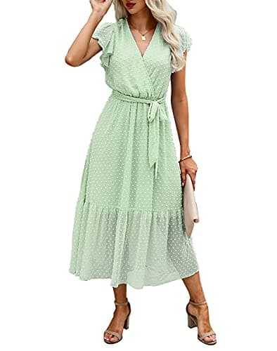 BTFBM Women Summer Bohemian Floral Casual Wrap V Neck Ruffle Cap Sleeveless Belt A-Line Pleated Hem Swing Midi Sun Dress (Swiss Dot Light Green, x_l) - Image 1