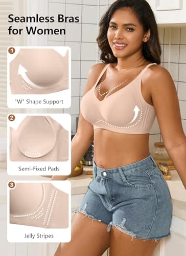 Xcutting Women's Supportive Wireless Jelly Bras for Women Seamless Comfort, Full Coverage, No Underwire, T-Shirt Women Bras Regular and Plus with Extender (Nude,Large) - Thumbnail 2