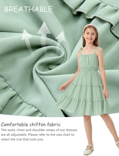 HOZIY Summer Beach Dress for Girls Spring Green Birthday Casual School Cami Midi Dresses Vestidos para Niñas Little Kids Ruched Layered Ruffled Tiered Sleeveless Party Formal Junior Sundress Size 5-6 - Thumbnail 5