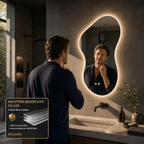 PIUDOC 24×36 Irregular Backlit Mirror Asymmetrical Bathroom Mirror with Lights LED Dimmable Mirror for Bathroom Makeup Area - Thumbnail 4