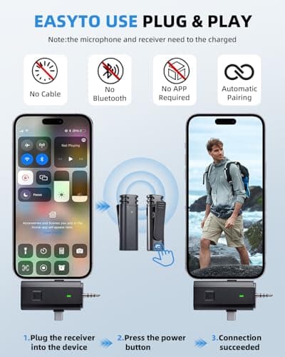 3-in-1 Mini Microphones: Wireless Lavalier Microphone with AI Noise Reduction for iPhone 15/14/13/12, Android, Cameras 12H Battery, Plug and Play Wireless Microphones for Vlog/YouTube/TikTok/Live - Thumbnail 4