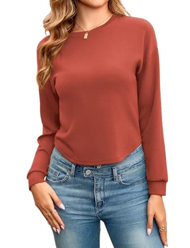 Totatuit Women Fashion Long Sleeve Crop Tops Loose Crewneck Crop Sweatshirts Drop Shoulder Casual Fall Tee Shirts Brick Red X-Large - Image 1