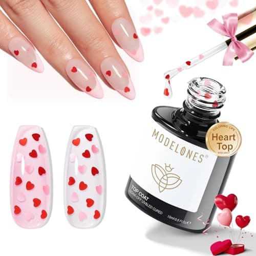 modelones Heart Glitter Gel Top Coat, 15 ML 2 in One No Wipe Clear Gel Nail Polish Red Pink Color Reflective Hearts Sequins Glossy Shine Long Lasting Soak Off Manicure Gift for Women - Image 1