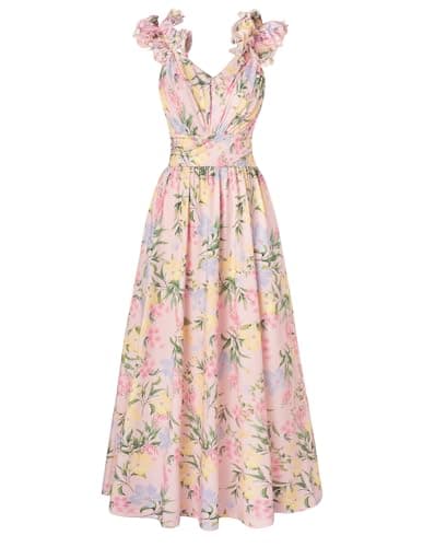GRACE KARIN 2025 Women's Summer Floral Print Sleeveless Long Casual Flowy A Line Ruffle Wedding Guest Maxi Dress Blue Yellow 2XL - Image 1