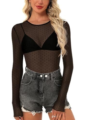 NORACORA Womens Mesh Long Sleeve Tops Crew Neck Sexy See Through Tee Dressy Casual Shirts Party Club Night Lace Blouse Western Wear Outfit Clothes Going Out Clothing Black Polka Dot XL - Image 1