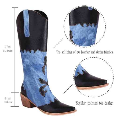 Cozivwaiy Women Denim Cowboy Boots Patchwork Knee High Cowgirl Boots Western Black Boot Mid Calf Jean Blue Boot Pointed Toe Chunky Heel Pull On Size 10 - Thumbnail 4