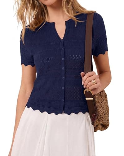 dowerme Women Summer Cardigan Sweaters 2026 Fashion Short Sleeve V Neck Crochet Crop Tops Spring Beach Vacation Clothes(Navy Blue,Medium) - Thumbnail 5