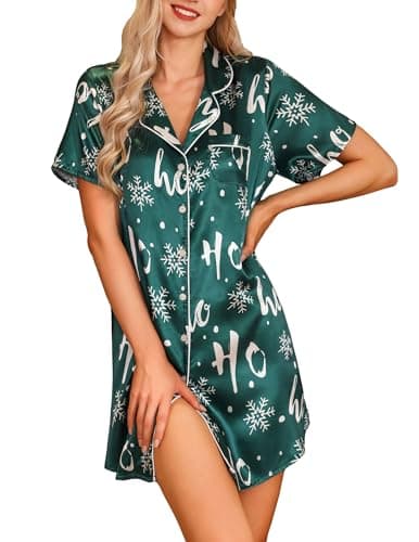 Senert Satin Sleep Shirts for Women Button Down Shirts Short Sleeve Sleepwear Silk Nightshirt Soft Pajama Tops Green Snowflake,X-Large - Image 1