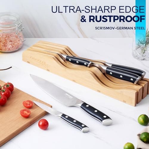 Topfeel 6Pcs Kitchen Knife Set with In-Drawer Bamboo Knife Organizer- 3.5-8 Inch Set Kitchen Knives German High Carbon Stainless Steel Sharp Knife, Knives Set for Kitchen with Ergonomic Handle - Thumbnail 2