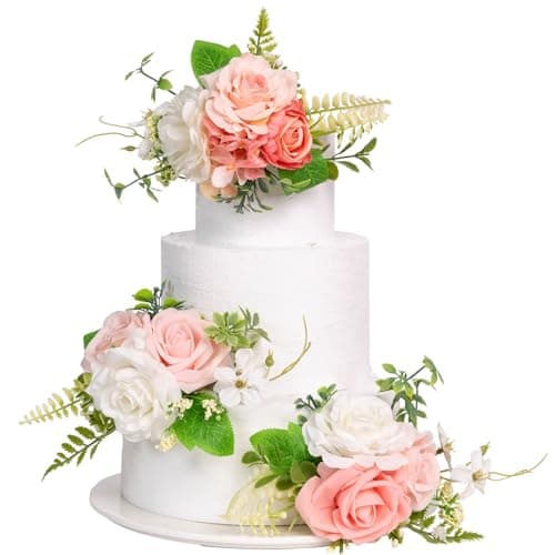 TINGE TIME 3Pcs Pre-made Cake Toppers，Silk Artificial Flowers Decor，Cake Decorations for Weddings, Birthdays, Party,Baby Shower,Celebration (PeachPink&White) - Image 1
