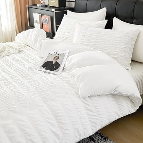 DCSKY White Duvet Cover Queen Size, Ultra Soft 3-Piece Boho Seersucker Duvet Cover Set with Zipper Closure, Soft Washed Microfiber Bedding Set (90"x90", 2 Pillowshams) - Thumbnail 2