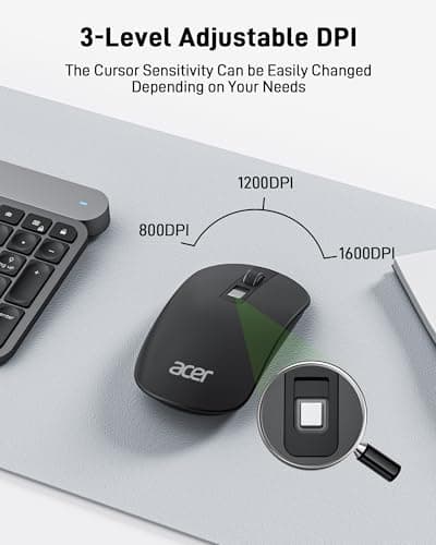 Acer Computer Mouse Wireless, 2.4G Slim USB Wireless Mice with USB Receiver, Small Sized Hands, 800/1200/1600 Adjustable DPI Optical Laptop Mouse with 4 Buttons, Portable for Laptop, Desktop, PC - Thumbnail 2