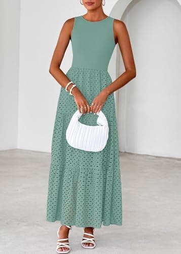 Lazysmile Womens Summer Dresses Crewneck Sleeveless A-Line Hollow Out Eyelet Tiered Tank Maxi Dress Sundress with Pockets - Thumbnail 5