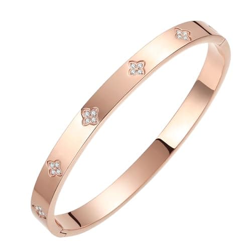 BOLAGTIER Gold Plated Bangle Bracelets for Women Four Leaf Clover Lucky Love Cubic Zirconia Bracelet (Clover Rose Gold-Medium) - Image 1