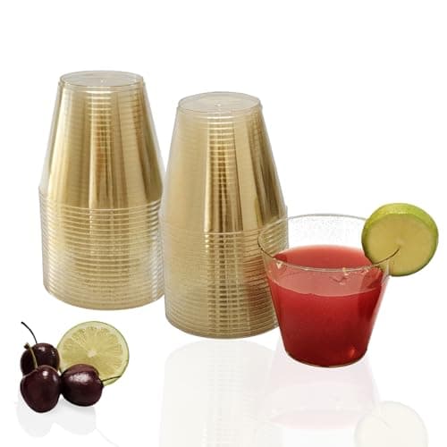 KINGSUSLAY 50 Pack Plastic Cups, 9 oz Glitter Disposable Gold Cups, Clear Plastic Tumblers and Clear Party Cup for Weddings, Birthday,Thanksgiving, Christmas,etc. - Image 1