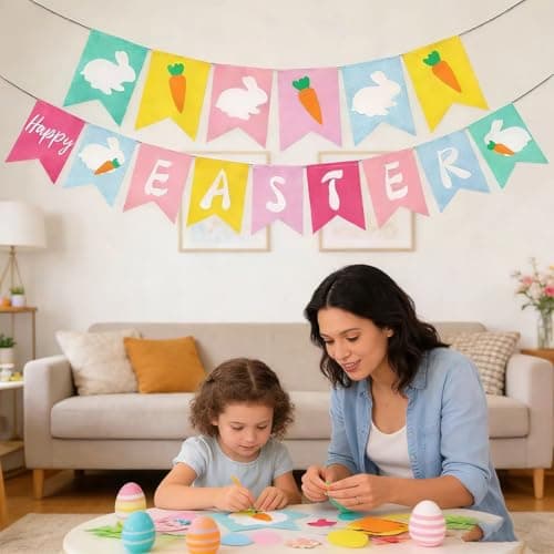 Happy Easter Banner for Fireplace,Bunny Carrot Banner Indoor Outdoor Easter Decorations, Easter Themed Party Supplies for Home, Wall, Office School Classroom Easter Banner Decor - Thumbnail 2