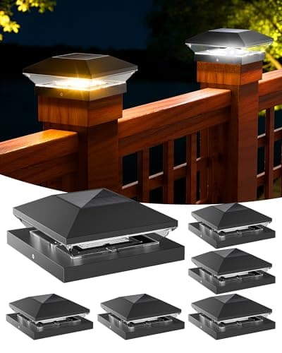 T-SUN Solar Post Cap Lights Outdoor 6 Pack, 2 Modes LED Fence Post Solar Lights Fit for 4x4 5x5 6x6 Vinyl/Wooden Posts, Waterproof Deck Post Lights Solar Powered for Garden Patio Gate Porch