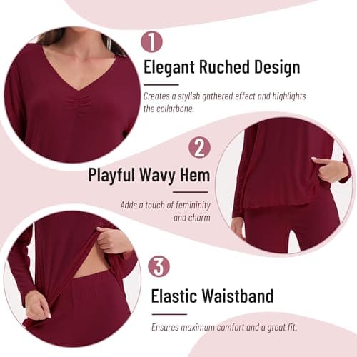 Navisting Women's Cool Pajamas Set Lightweight Sleepwear V-Neck Top and Pants Long Sleeve Two Piece Loungewear Elegant Wavy Hem Burgundy M - Thumbnail 5