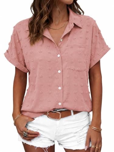 Tankaneo Womens Button Down Shirts Short Sleeve Summer Casual Blouses V Neck Swiss Dot Collared Shirt Tops - Image 1