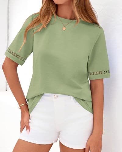 BTFBM Short Sleeve Shirts for Women 2026 Lace Summer Tops Spring Casual Loose Crew Neck T-Shirt Cute Vacation Outfits(Light Green, X-Large) - Thumbnail 6