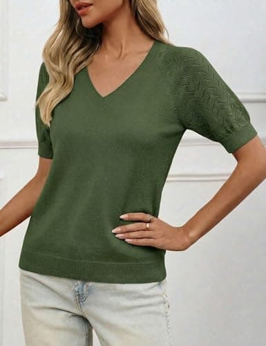 LaGracia Puff Short Sleeve Sweater for Women Summer Puff Sleeve Sweater Tops Spring V Neck Cauasl Dressy Shirts Cute 2026 Army Green S - Thumbnail 3