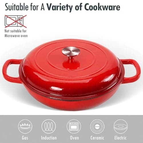 COOKWIN Cast Iron Casserole Braiser, 3.8 Quart Enameled Cast Iron Dutch Oven Pan with Lid, Heavy Duty and Dual Handles Skillet, Oven-Safe Porcelain Surface Casserole Dish, Red - Thumbnail 4