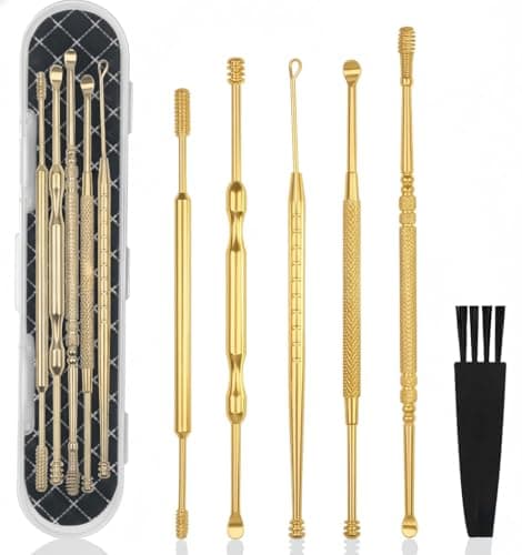 Hion 6 Pcs Extended Ear Wax Removal Kit,Professional Double-Headed Ear Pick Earwax Removal Tools,316L Stainless Steel Ear Cleaner Curette with Cleaning Brush and Storage Box,Suit for Kid Adult(Gold)